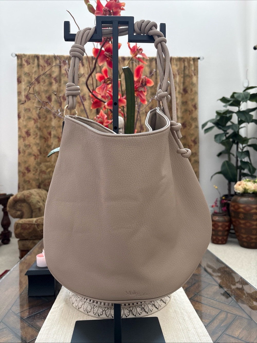 Womenβs Taupe/bone color Knot-Handle Shoulder Bag vegan leather large hobo